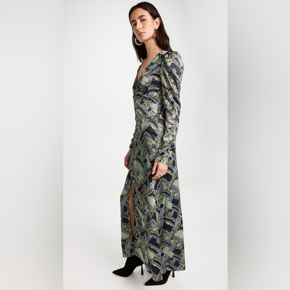 4S. NWT GANNI CRINKLED SATIN MAXI DRESS IN PAISLEY WEAVE BLACK - Picture 3 of 11